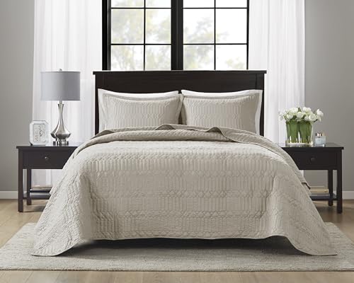 Kit Cobre Leito Colcha Casal Queen King 3 Peças Dupla Face Siena Micro Percal 150 Fios Porta Travesseiro Aba Americana (Casal, Bege)