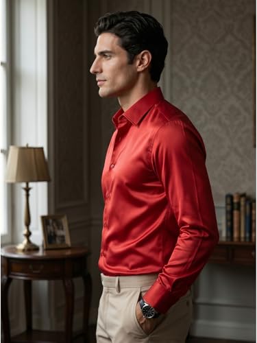 Image of DEELMO Men's Stylish Solid Satin Casual Shirt for Men Full Sleeves| Poly Satin Silk Shirt