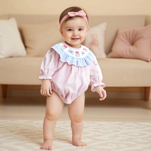 Newborn Infant Baby Girl Christmas Outfit Embroidery Long Sleeve Smocked Bubble Romper Ruffle Bodysuit2