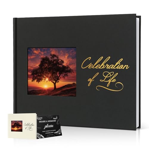 Image of Funeral Guest Book, Celebration of Life GuestBook with Photo Slot | 330 Entries, Table Sign Card Included, Gold Stamping, Twill-Textured Paper Cover, in Loving Memory Keepsake, 9x7.5 inch, Black