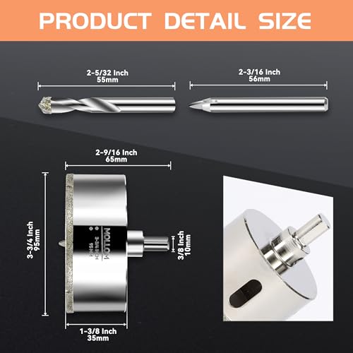 Image of MOLLOM 3-3 /4 inch (95mm) Diamond Hole Saw with 2 Pilot Drill Bit | Tile Hole Saw Smooth Cutting Porcelain Tiles,Ceramic,Marble,Granite
