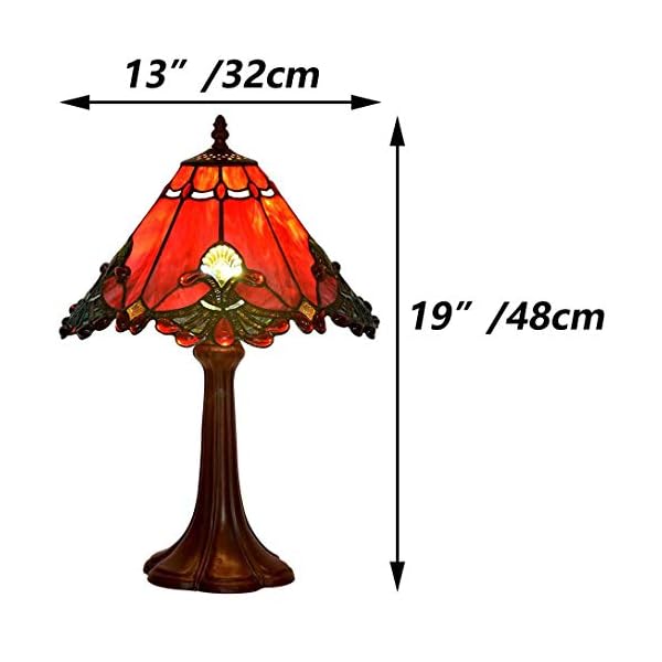 Bieye L10021 Baroque Tiffany Style Stained Glass Table Lamp Night Light with 13 Inches Wide Handmade Lampshade Metal Base for Bedside Bedroom Living Room Decoration, 13" W x 19" H, Red - Image 4