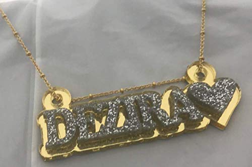 MIRROR MANIA Name Plate Custom Name Necklace Nameplate Name Laser Cut Personalized, Diamond Look Letters with Gold Back, Gold Chain and Heart, Made To Order Any Name - Dazzling and Stunning!4