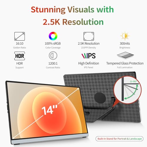 Image of Intehill 2.5K Portable Monitor Touchscreen, 14 inch Portable Touch Screen for Laptop 2560x1600, 16:10 Travel Monitor with Tempered Glass, 100% sRGB USB & HDMI Portable Display with Stand & Speaker, Q14ZT