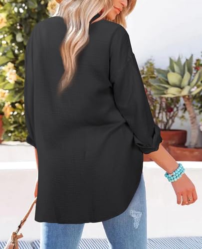 siliteelon Button Down Shirts for Women Cotton Long Sleeve Blouse Oversized Boyfriend Collared Blouses Tops with Pocket3