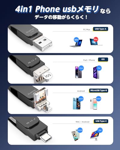 【業界初 アプリ不要登場】usbメモリ 512gb ４in1 高速 Phone usbメモリー 写真保存 大容量 タイプc データ スマホ バックアップ iOS/Type-C/USB/Micro USB フラッシュメモリ Phone/Pad/PC/Macbook/Android対応 外付けメモリ 容量不足解消 ブラック Phone 17/16/15/14/13/12/SE/Pad各種対応