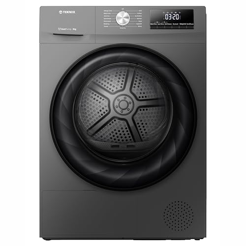 Teknix TKHP8HS 60cm Freestanding 8kg Heatpump Front Load Tumble Dryer - AI Sensor Dry - Allergy Care - Drying Rack - Titanium - D Rated