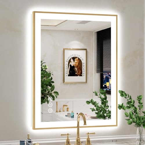 Image of 28x36 LED Bathroom Mirror with Lights, Gold Framed Lighted Mirror | Backlit and Front light, Anti-Fog, 3 Color Dimmable, Memory, Tempered Glass, IP54 Waterproof, UL Listed
