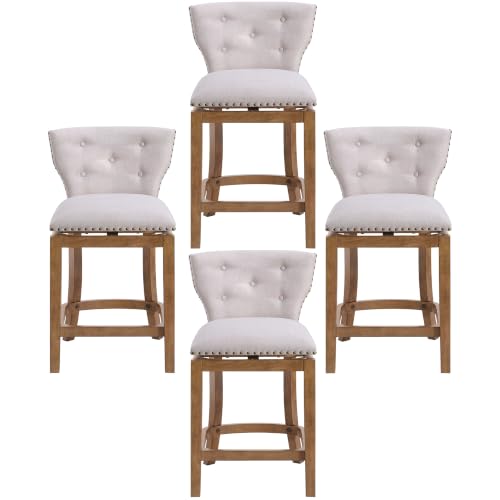 Image of ROME + OAK Carlynd 26 inch Swivel Counter Stool, Weathered Oak, Set of 4 | Low Back Kitchen Barstool with Sand Fabric Upholstered Seat for Counter Height Dining