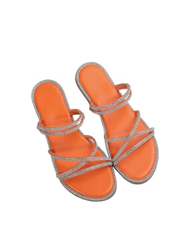 OYOANGLE Womens Rhinestone Strappy Open Toe Slide Sandals Slip on Casual Flat Sandals Orange 10