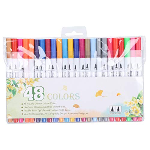 PODSJD Rotuladores permanentes acuarela 48 colores, punta fina y doble extremo - Tintas solubles para mezcla y degradado, ideal para ilustración y manualidades