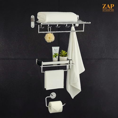 Image of ZAP Stainless Steel Deluxe Bathroom Combo of 3 Set Folding Towel Rack / 3 in1 Multi Bathroom Shelf /Napkin Ring