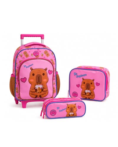Kit Mochila De Carrinho 3D Capivara Alto Relevo Grande Escolar - Yepp (Rosa)