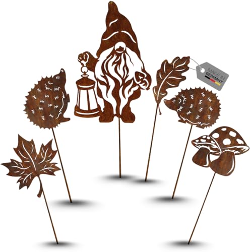 Terma Stahldesign Rost Gartenstecker 6er Set Zwerg Wichtel Igel Blätter Pilz Gartendeko Metall Figuren Made in Germany Outdoor Herbstdeko Rostfiguren Tiere Vintage