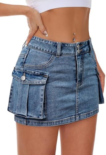 Mancreda Women Denim Cargo Skirt Mini Low Waist Button Bodycon Y2K Flap Pockets Skirts