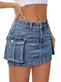 Mancreda Women Denim Cargo Skirt Mini Low Waist Button Bodycon Y2K Flap Pockets Skirts(BL,S)