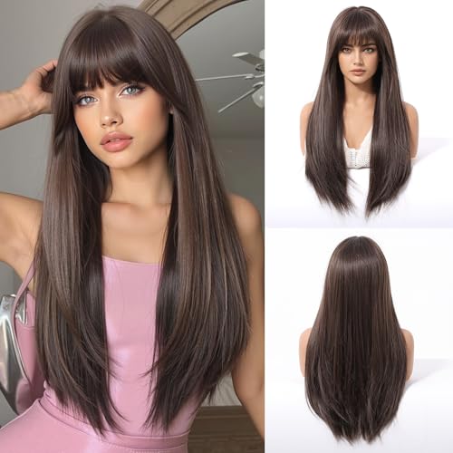 Esmee Lungo Marrone Cioccolato Dritto Parrucca per le Donne Naturale Cercando Sintetico Fibra Resistente al Calore Parrucca per Uso Quotidiano Partito