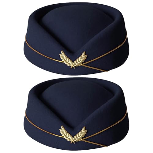 ZUYYON 2 Pcs Women Flight Attendant Hat Woolen Air Stewardess Cap Stewardess Uniform Plane Cap Cosplay Costume Accessories(Navy Blue)