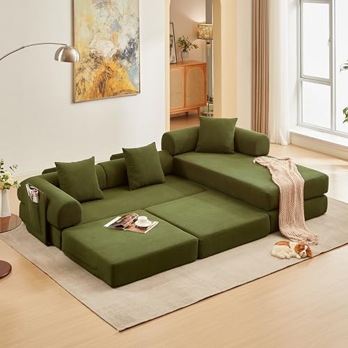 Image of 107 inch Modular Sectional Sofa Bed, L-Shape Corduroy Boneless Couch, Green