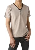 [FLAG ON CREW] (フラグオンクルー) キーネック Yヘンリー カットソー メンズ 半袖 畦ワッフル 2フェイク Tシャツ / B4B / LL グレージュ・greige
