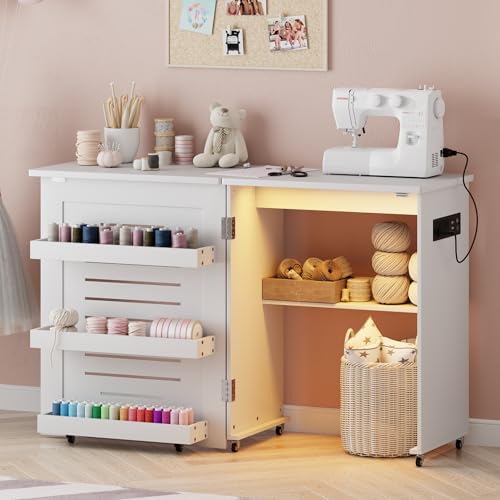 Gurexl Folding Sewing Machine Table Craft Station & Side Desk with Sockets and LED Hideaway Computer Desk with Human Sensor Side Computer Desk for Home with Wheels and Wire Trough Rack White