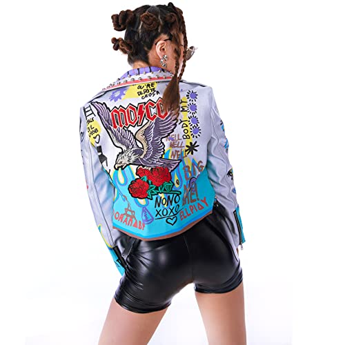 Darkshe Women's Faux Leather Pu Jacket, Graffiti Studded Rivet Punk Biker Moto Fashion Coat With Long Sleeve (Ds010-Xl) #TOP4