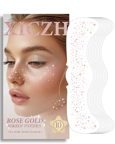 XICZH Face Glitter, Rose Gold Temporary Face Tattoos, Face Makeup Patches for Women Girls, Country Concerts Singer Festival Rave Accessories (Rose Gold - 10 pcs)