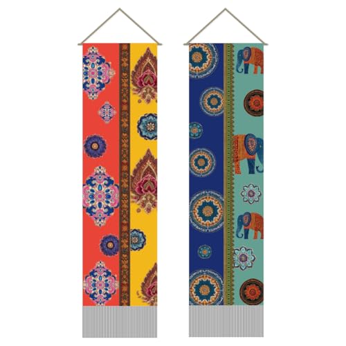 AHANDMAKER Lot de 2 tapisseries de style indien, éléphant et floral à suspendre verticalement, pompons, décoration mystique, esthétique pour chambre à...