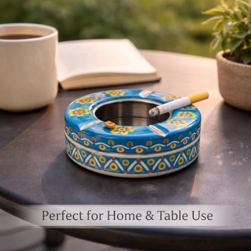 Image of iHandikart Handpainted Ash Tray 4x2 Inch | Metal Ashtray for Home, Table & Car Use | Multicolour Decorative Ashtray | Handmade Smoking Accessories for Indoor & Outdoor Use(Blue)