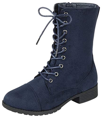 Image of Forever Link Womens Round Toe Military Lace Up Knit Ankle Cuff Low Heel Combat Boots
