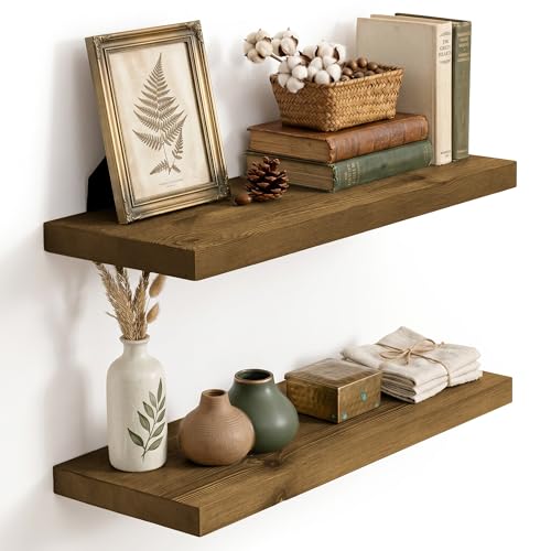 Image of Solid Wood Floating Shelves for Wall 24 inch,Grey Wooden Shelf Set of 2