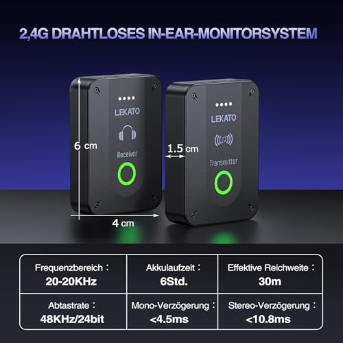LEKATO MS-02 Drahtloses In-Ear Monitoring System, Professionelles kabelloses 2.4G IEM-System mit Sender & Empfänger im Mono- und Stereo-Mode, Eins zu Mehr- geeignet für Bandproben und Live-Auftritt