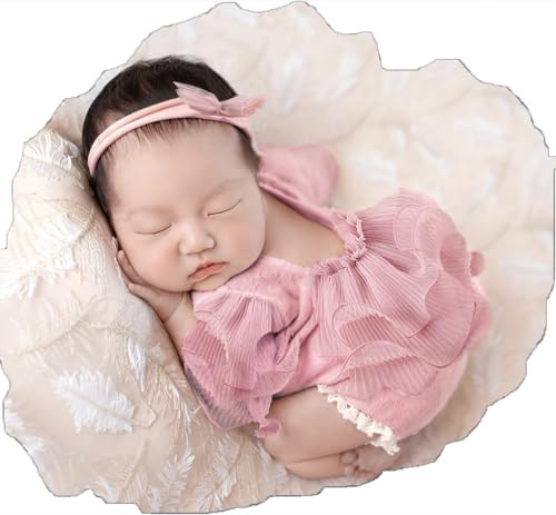 Image of Ylsteed Newborn Photography Outfits Girl Lace Romper with Headband Photo Shoot Outfits Girls Photo Props-Ruffles Cameo