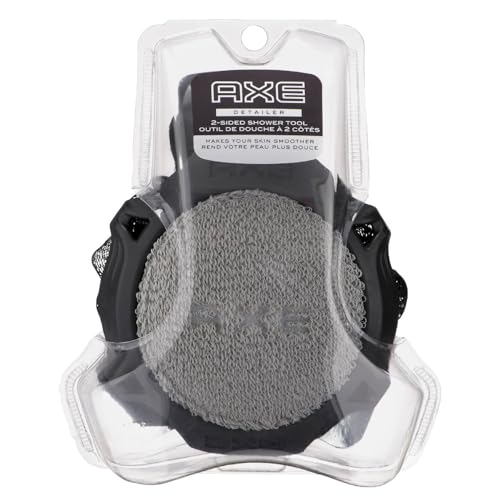 AXE Mens Shower Scrubber Tool, 2-Sided Detailer, Gray Color, Mesh Side for Lathering, Exfoliator for Smoothing Dry, Rough Skin