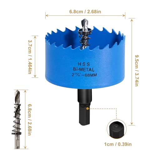 HYCHIKA Lochsäge 68mm, Bi-Metall Fliesenbohrer Steckdosenbohrer Lochsäge Bohraufsatz für Akkuschrauber und Bohrmaschinen für Aluminium, Holz, fliesen, PVC-Platte und Kunststoffplatte