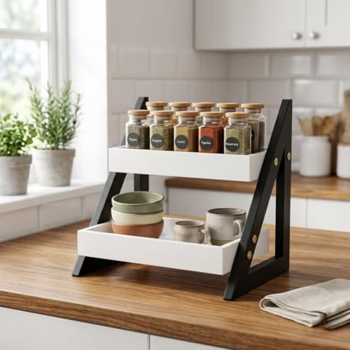 Image of Kitchen Organizer Rack - Multi-Purpose Kitchen Stand for Countertop & Cabinet Storage | Heavy-Duty Kitchen Rack Organizer for Spices, Utensils, Dishes & Pantry Items (2 Tier Black)