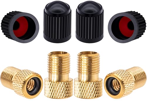 真鍮仏式バルブアダプター 4個 仏式から米式アダプターに変換 自転車用の標準ポンプまたはエアコンプレッサーを使用してタイヤを膨らませる ブラックタイヤバルブキャップ4個パック (網目状グレインスル)