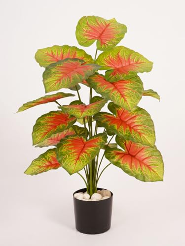 Image of ARICK Decor 2.1Ft Artificial Caladium Plant with 18 Leaves, 65cm Tall Faux Tropical Red & Green Potted Tree in Black Pot, Realistic Large Silk Heart-Leaf Fake Plant for Living Room,