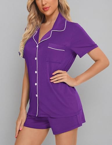Image of Anjue Womens Pajamas Set Short Sleeve Sleepwear Button Down Nightwear Shorts Soft Pj Sets S-XXL
