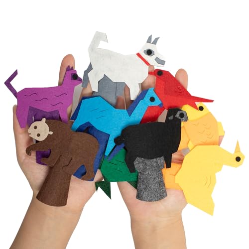 Felt Color Brown Bear Finger Puppets, 9pcs Feeling Sorting Red Bird, Yellow Duck, Green Frog, White Dog, Goldfish, Purple Cat, Blue Horse, Black Sheep Finger Puppets for Kids Classroom Activities