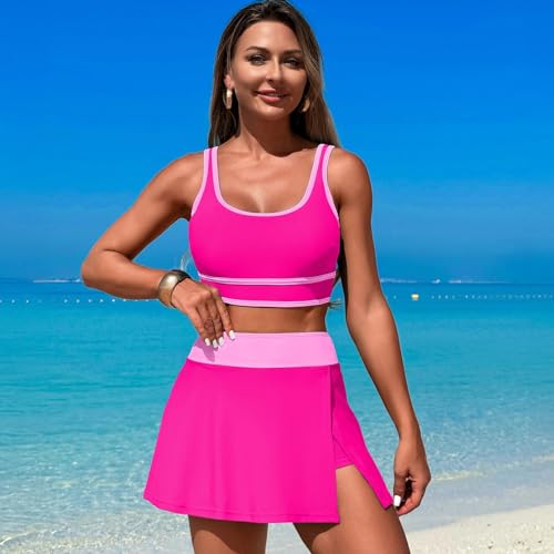 oiangi Tankini Swimsuits for Women 2025 Two Piece Bathing Suits Color Block Swim Tank Tops with Side Slit Beach Sports Skirt2