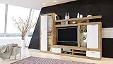 Parete Attrezzata Moderna Soggiorno con Vetrine Led 4 Vani Giorno Mensola Cristalliere Mobile per TV Rovere e Bianco