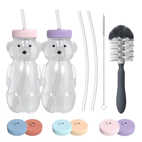 Image of The 730 Project Honey Bear Straw Cup for Babies, 8oz Honey BearCup with Bottle Brush, 2-Pack Improved Lid Therapy Learning Honeybear Straw Cup for Baby, Cherry Blossom & Unicorn