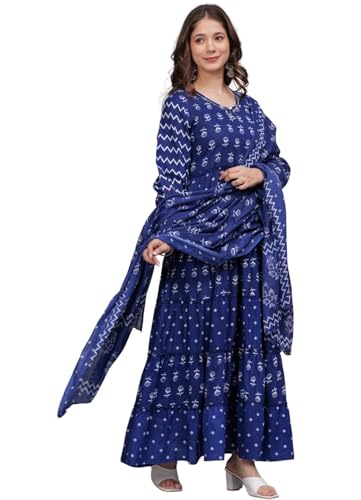 Image of Amayra Women's Pure Cotton Printed Anarkali Kurta Set with Palazzo Pants & Dupatta- Ethnic Wear