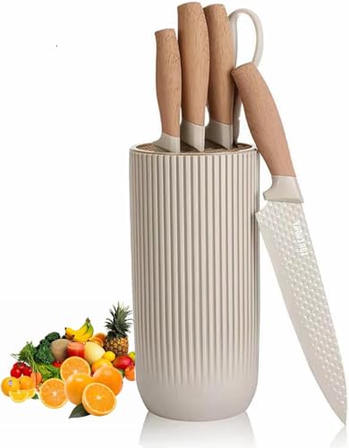 Image of Knife Set, 6-Piece Khaki Kitchen Knife Set for Home, Anti-Rust Non-Stick Stainless Steel Sharp Chef Knife Sets with Universal Knife Block for Kitchen, Ergonomical Design (Khaki)
