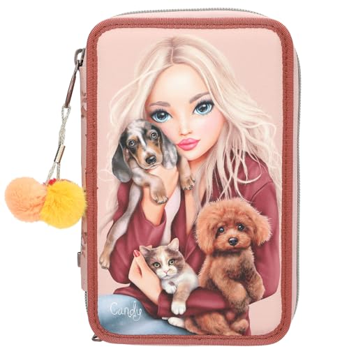 Depesche 13673 TOPModel Fur Ever Friends - Gefüllte 3-Fach Federtasche in Rosa und Kupfer, mit Model Motiv, Hund und Katze, Federmappe mit Buntstiften, Schere, Lineal UVM.