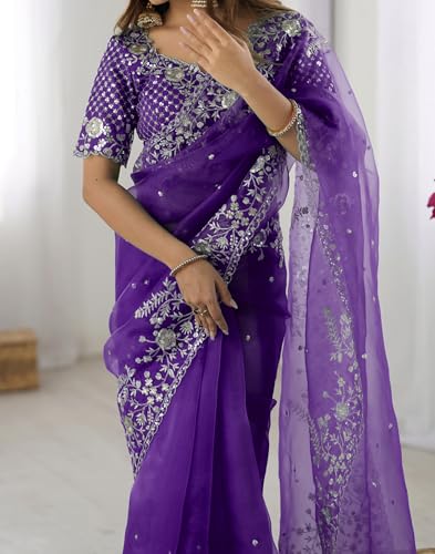 Image of SIRIL Women's Organza Sequence Embroidery Saree With Unstitched Blouse Piece