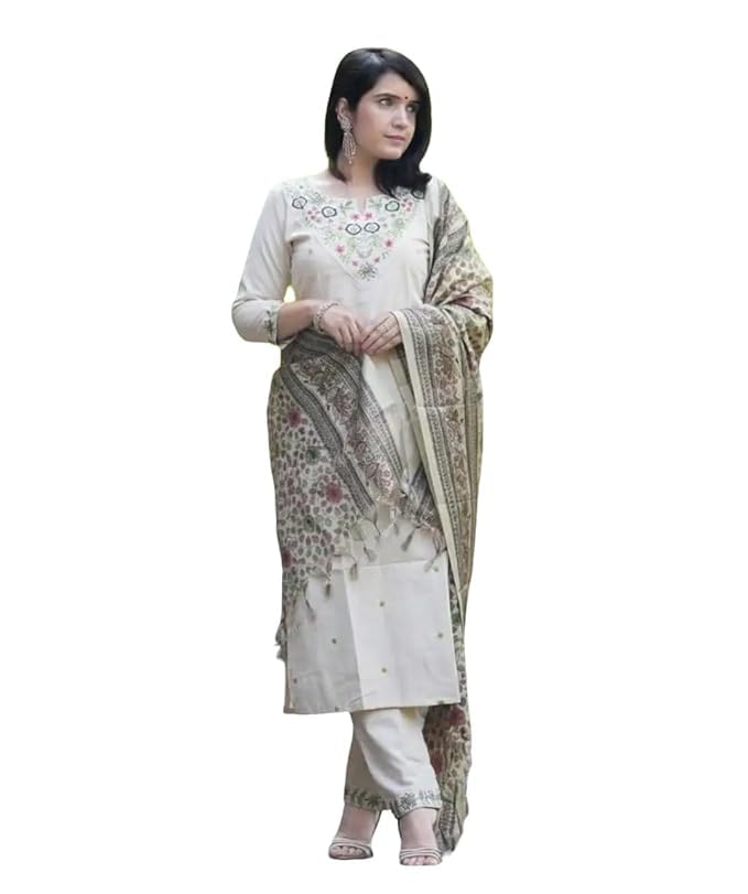 Women's Printed Kurta Pant Dupatta Set, Cotton Blend, Off-White with Floral Embroidery, 3 Piece Ethnic Wear (IN, Alpha, L, Regular)