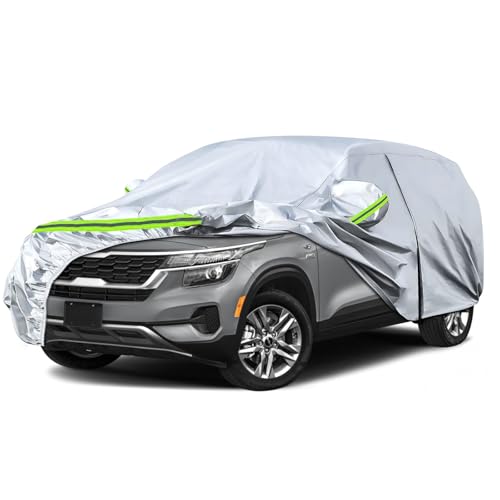 Image of Waterproof Car Covers Replace for 2020-2025 Kia Seltos, 6 Layers Silver All Weather Car Cover with Zipper Door & Windproof Bands for Snow Rain Dust Hail Protection