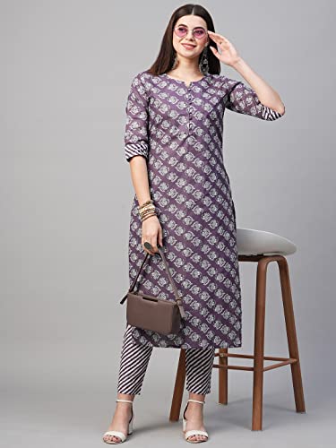 Image of GoSriKi Women's Cotton Blend Printed Straight Kurta With Pant